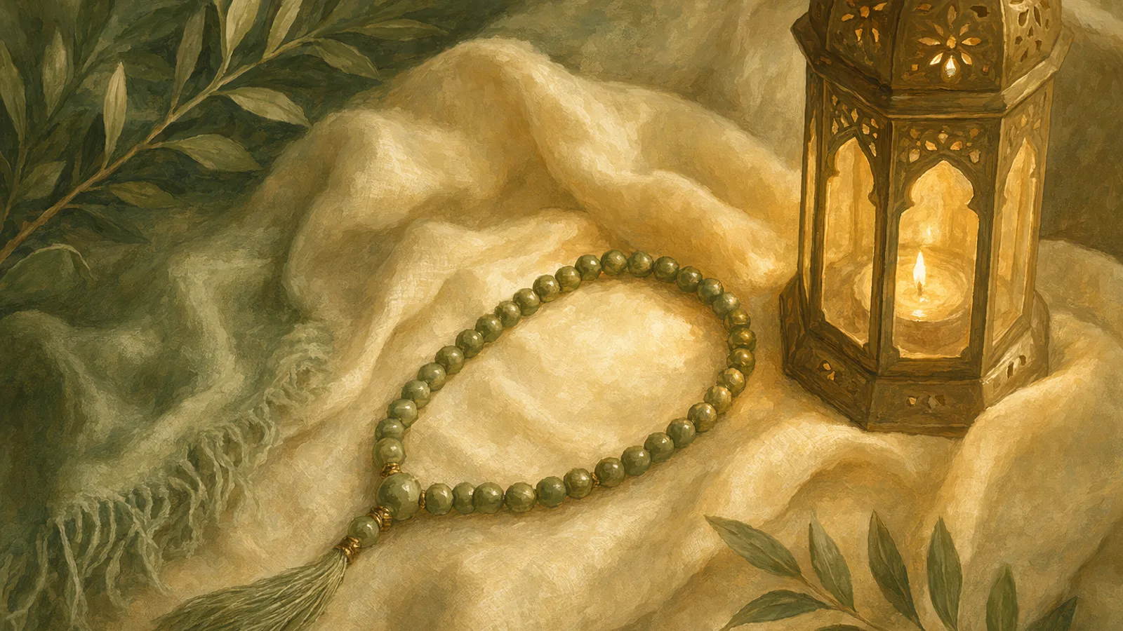 A glowing strand of prayer beads resting on cream linen beside a small lit lantern.