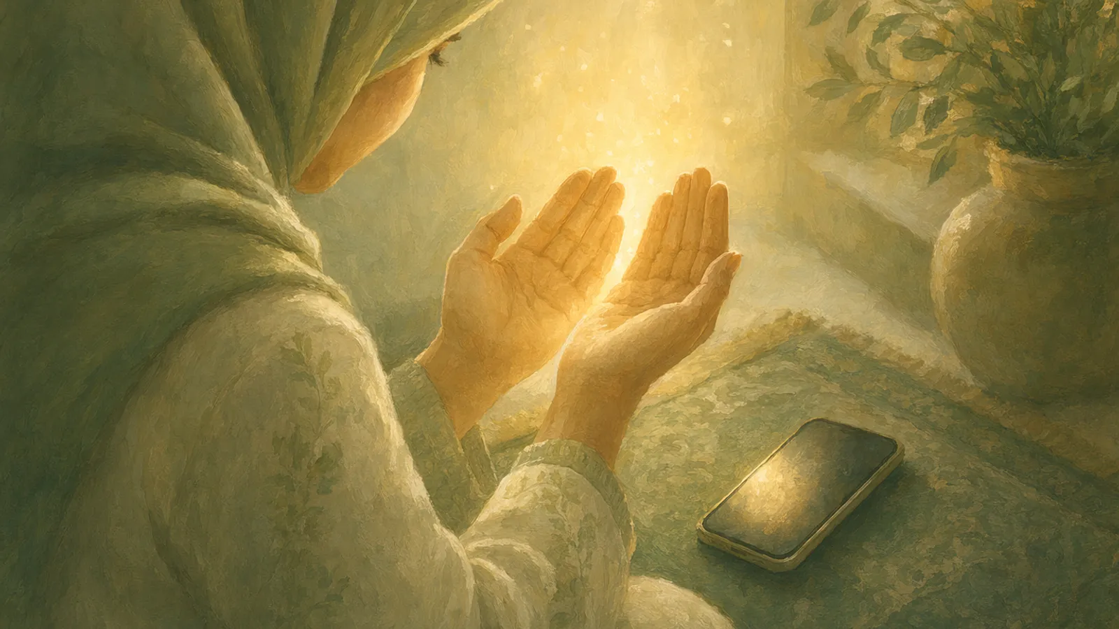 Cupped hands raised in supplication with a gentle, unobtrusive phone glow nearby.