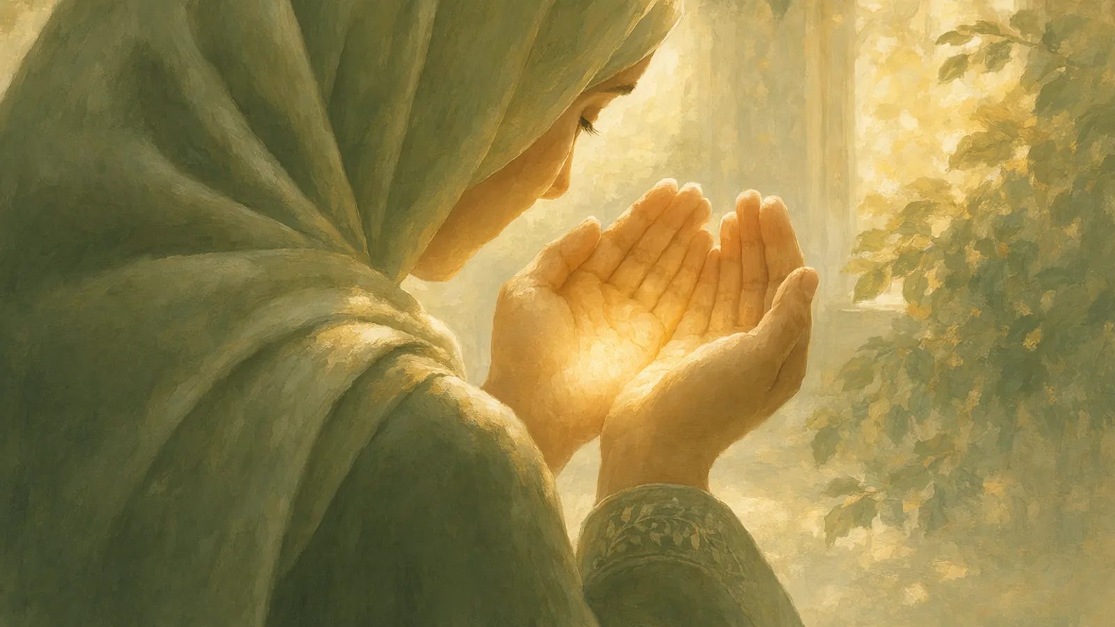 Cupped hands raised in heartfelt du'a, warm light pooling in the palms.