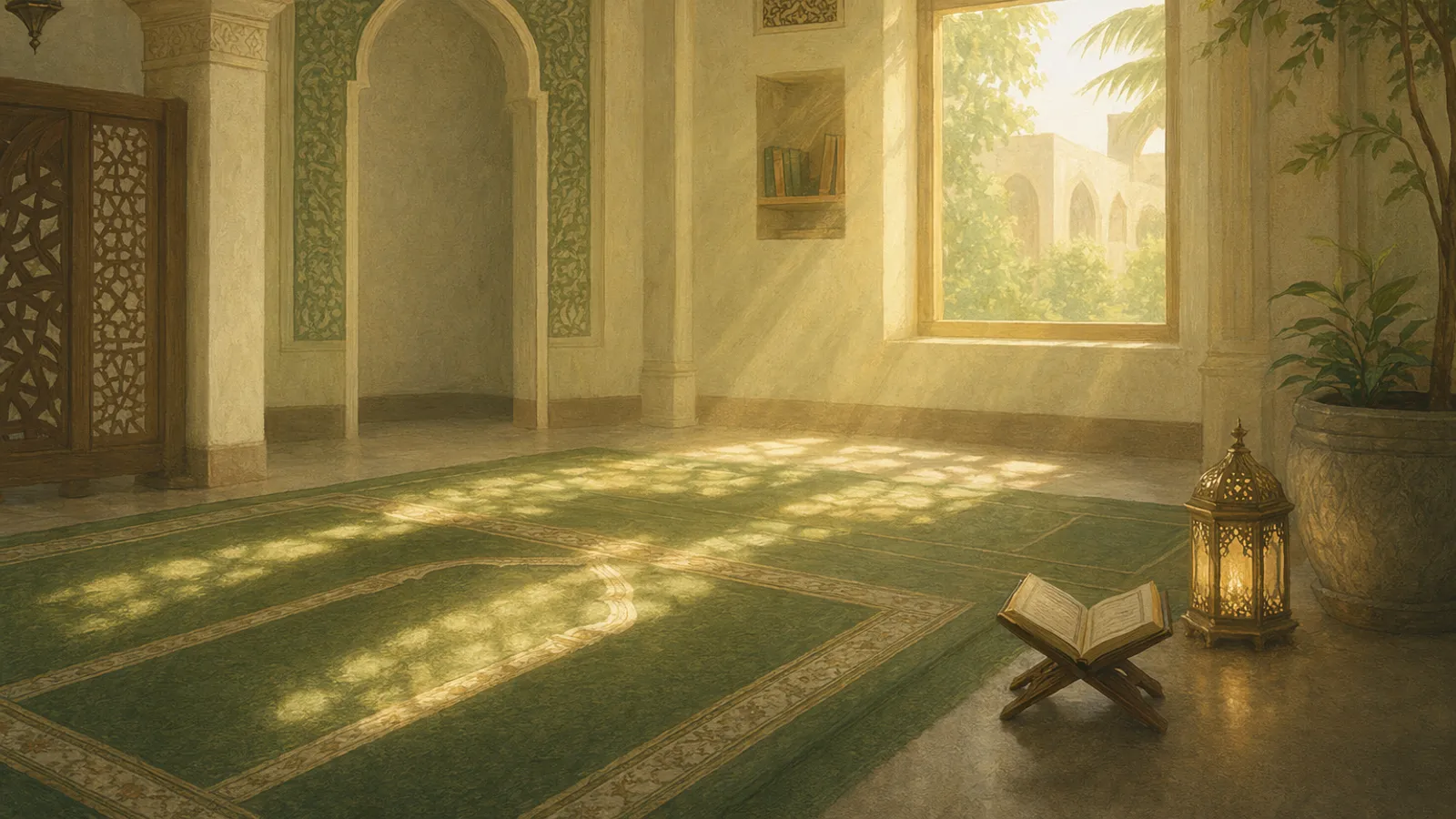A serene masjid interior at midday, soft light through an arched window on a prayer rug.