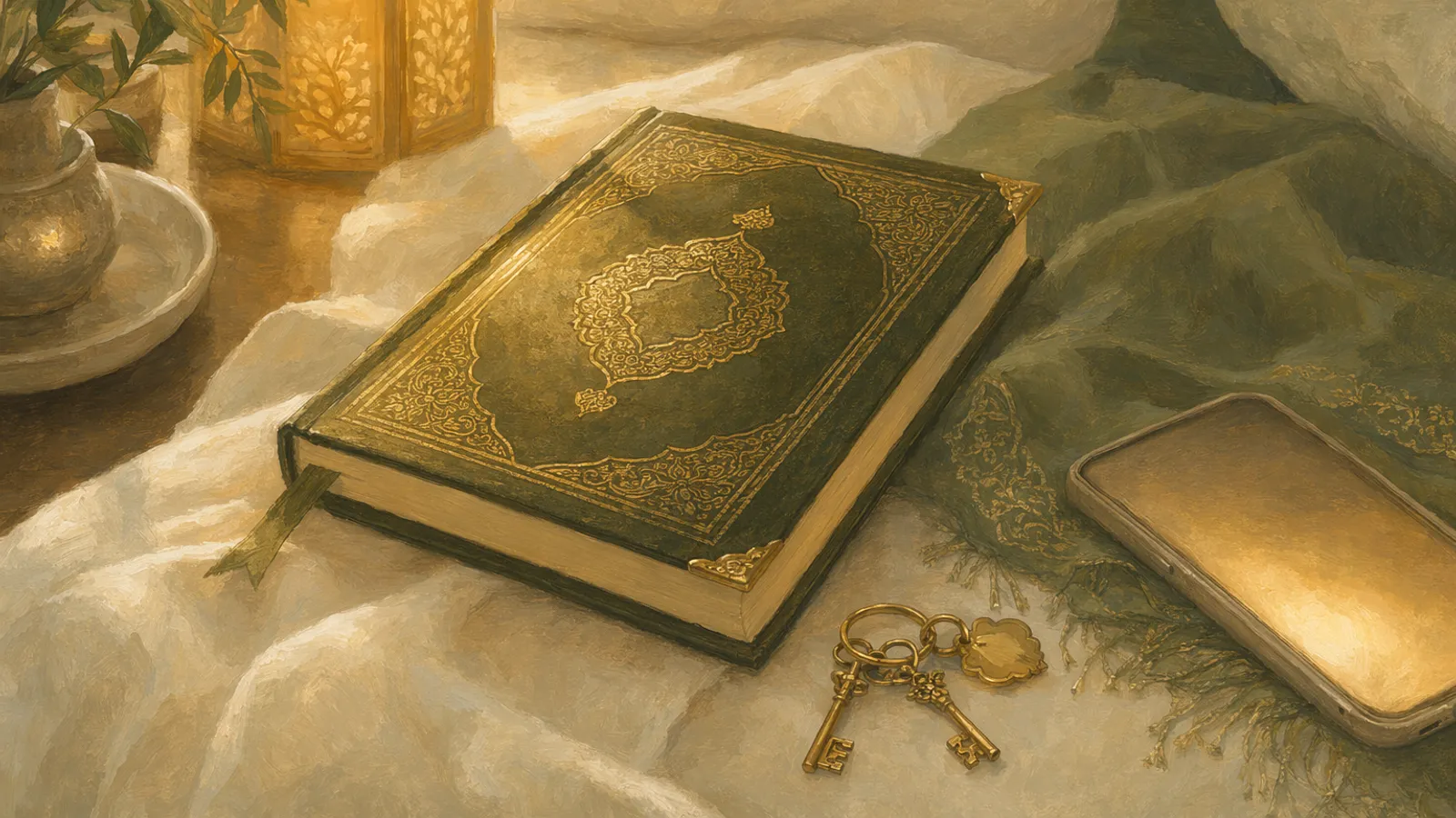 An open glowing mushaf on cream linen beside a small ring of golden keys.