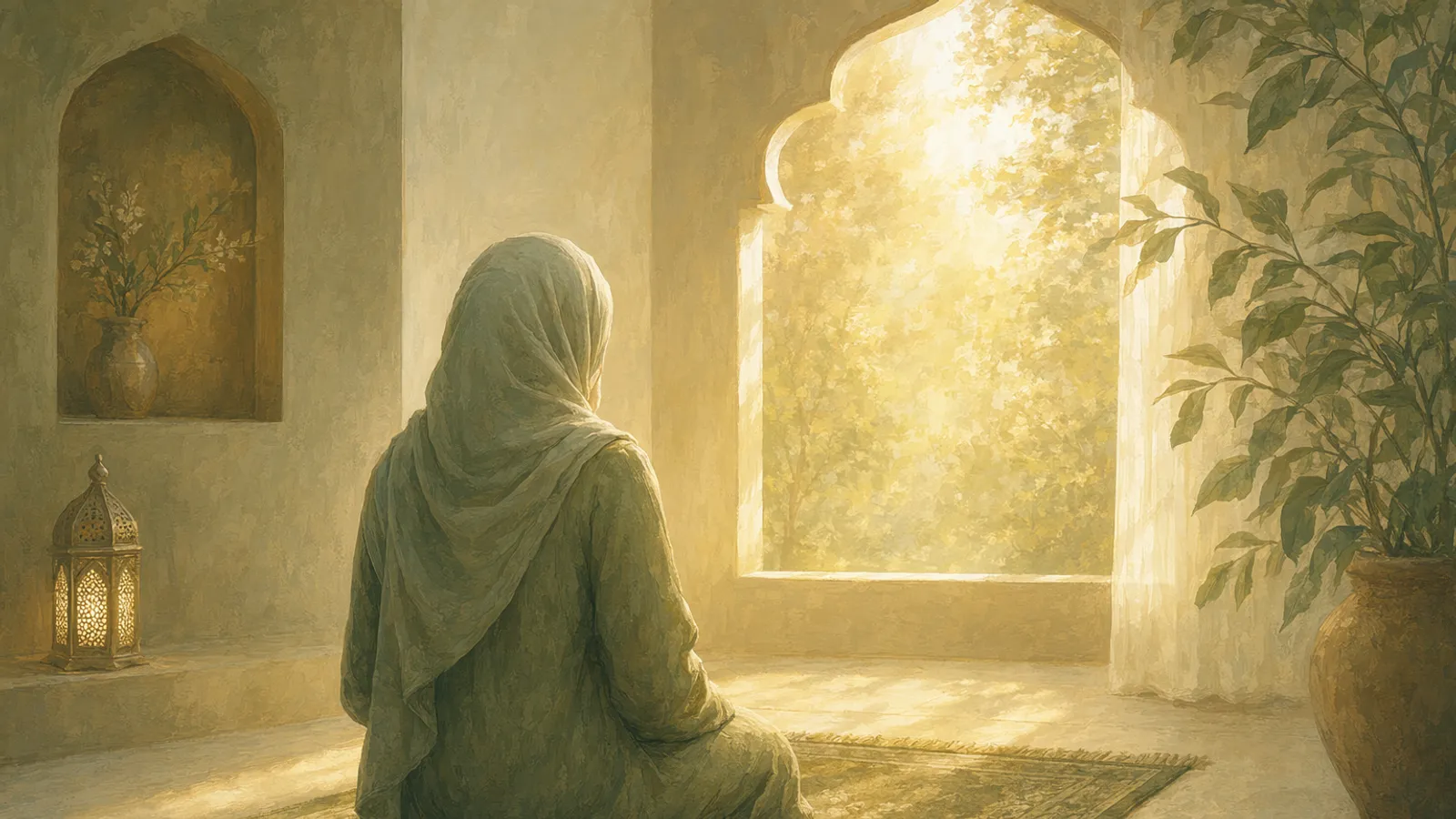 A person seen from behind sitting in calm stillness on a simple prayer rug.