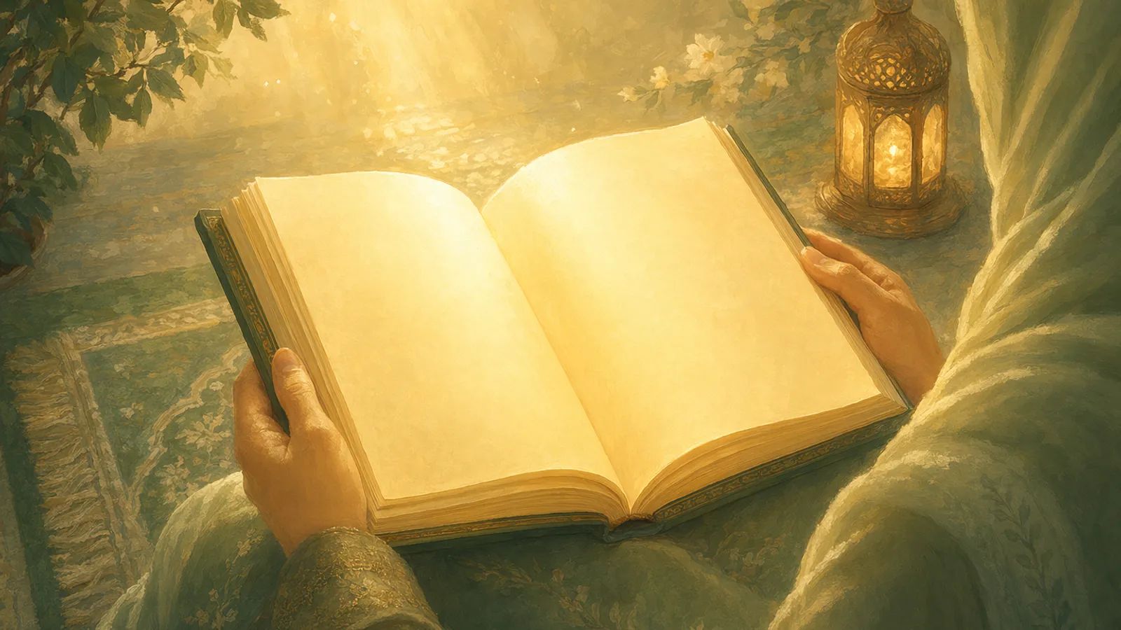Gentle hands tenderly holding an open Quran with warm light rising from the pages.