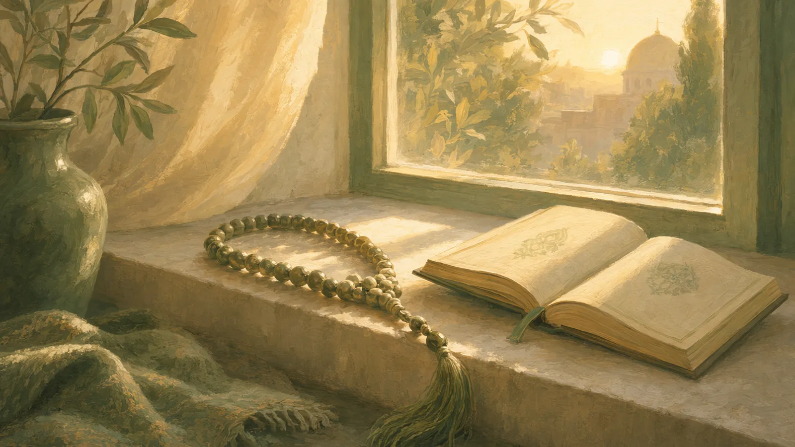 Soft dawn light over a windowsill with a tasbih and an open book of remembrance.